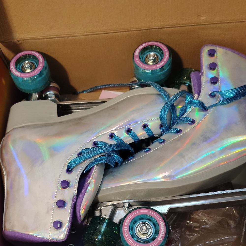 Iridescent Roller Skates with Blue Laces